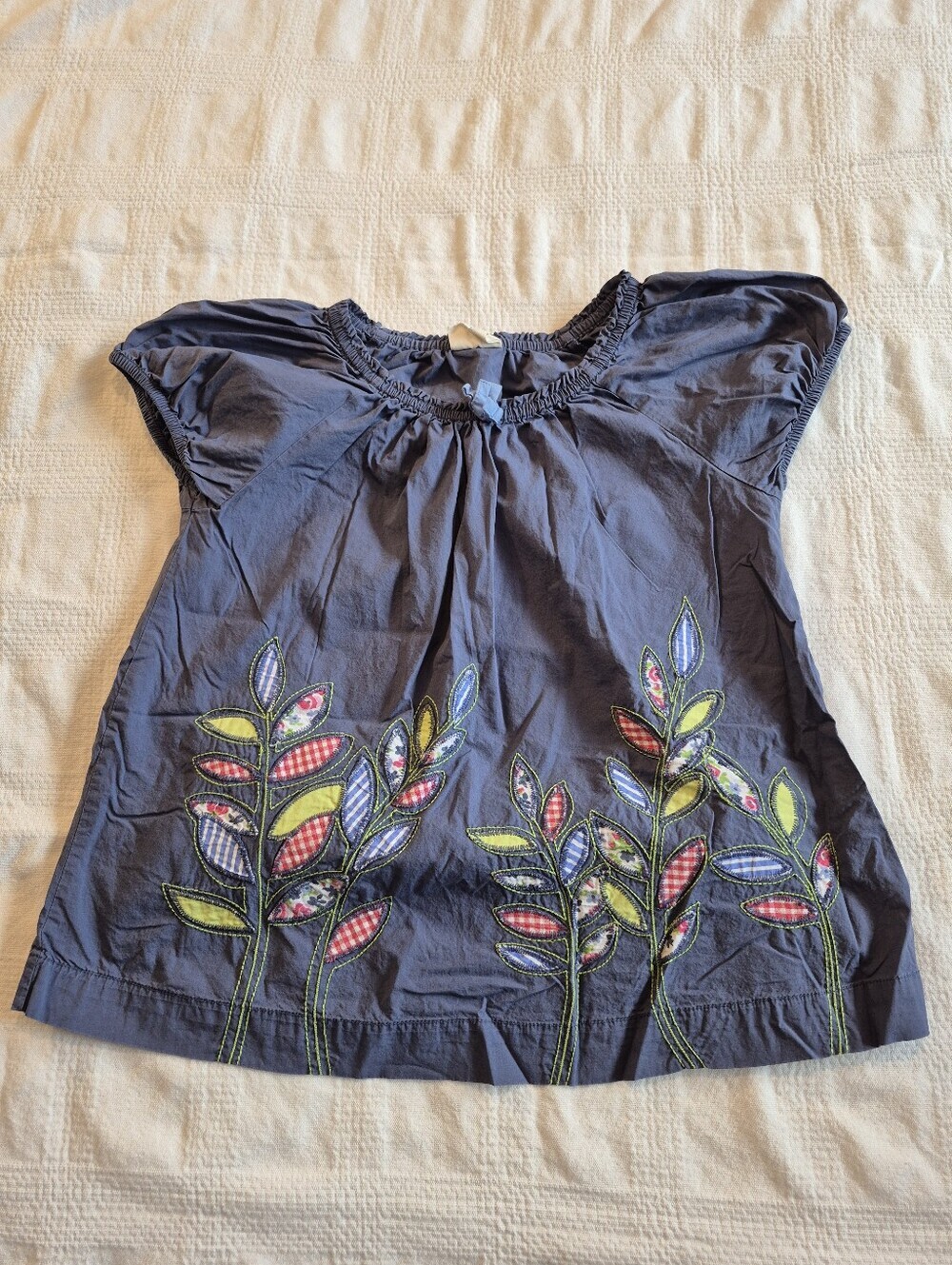 Mini Boden girls 9-10 years blue applique multi color leaf design blouse VGUC